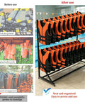 Life jackets neatly organized on Heavy-Duty Life Jacket Drying And Storage Rack With Lockable Casters by poolside