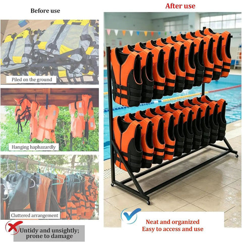 Life jackets neatly organized on Heavy-Duty Life Jacket Drying And Storage Rack With Lockable Casters by poolside