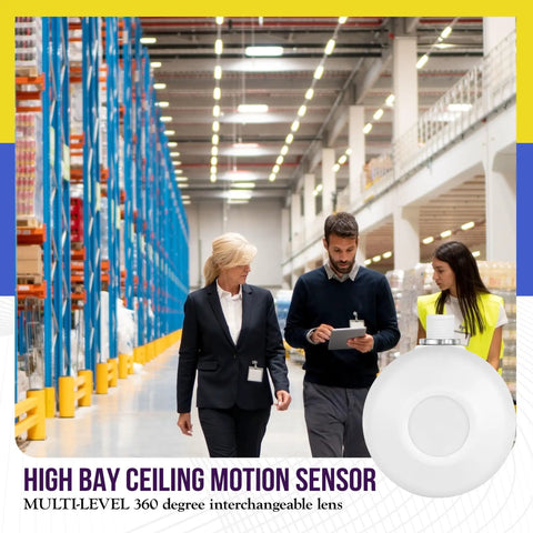 High Bay Ceiling Motion Sensor With Passive Infrared PIR For Efficient Lighting Control 360 Degree Field Of View Provides 2800 Sq Ft Coverage 120 To 277 VAC Neutral Wire Required Commercial Industrial Grade MPC50H White, round white sensor