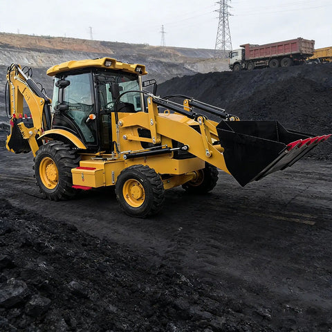 Compact Excavator With Front Loader And Rear Backhoe For Trenching Digging And Earthmoving, All In One Do It Yourself Small Construction Powerhouse For Homeowners And Pros Working On Landscaping, Plumbing, And Light Site Prep on rocky terrain