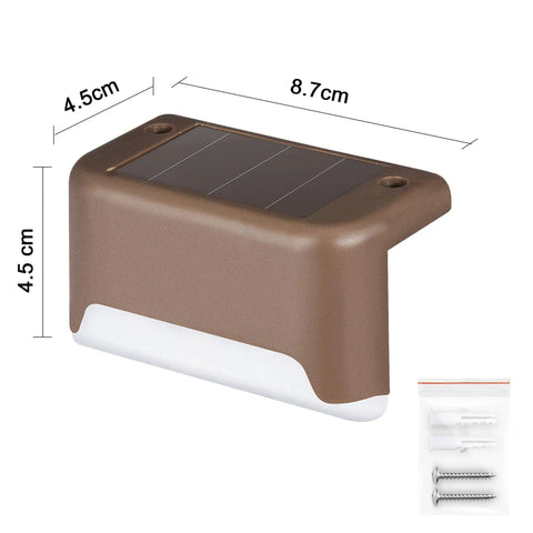 Top Shelf Solar Deck Lights 16 Pack, Slick Brown Shell Step Lights, size 4.5cm by 8.7cm, solar panel on top for outdoor use.