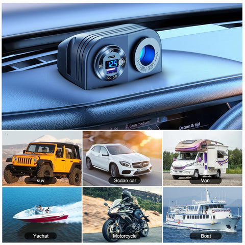 Tent Style Power Panel with 12V USB Outlet and Lighted Cigarette Lighter Socket PD3.0 and QC3.0 Car USB Port in vehicle dashboard
