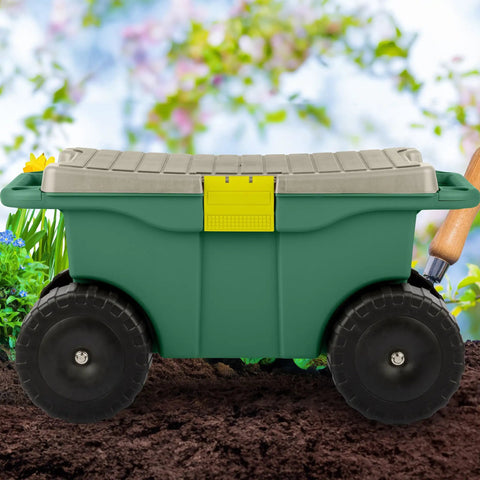Rolling Garden Cart With Seat And Interior Tool Tray Green Plastic Garden Bench On Wheels For Easier Weeding Planting And Light Transport Includes Built In Storage For Tools And Supplies No More Crawling Or Kneeling