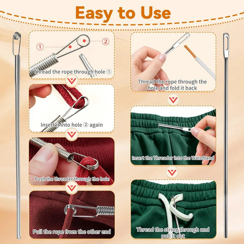 8 Piece Drawstring Threader Tool Set Stainless Steel 4 In 1 Kit showing step-by-step threading process on bags and clothing