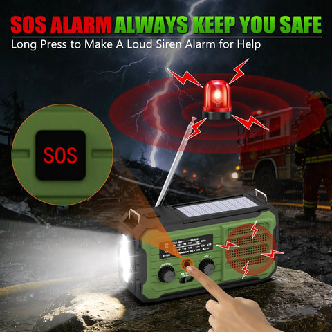 Emergency Hand Crank Solar Radio With 10000mAh Battery And 37000mWh Power Bank, NOAA AM FM Weather Radio, SOS alarm activated