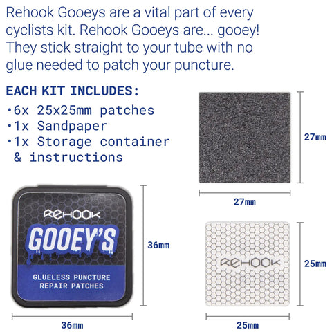 Emergency Bike Repair Kit With Lightweight Cycling Toolkit showing Rehook Gooey's glueless puncture patches, sandpaper, and container.