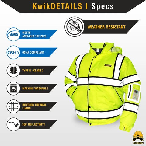 Bomber Hi Viz Safety Jacket For Men With Class 3 Water Resistance ANSI OSHA Approved Multi Use Rugged Work Gear In Yellow 2XL