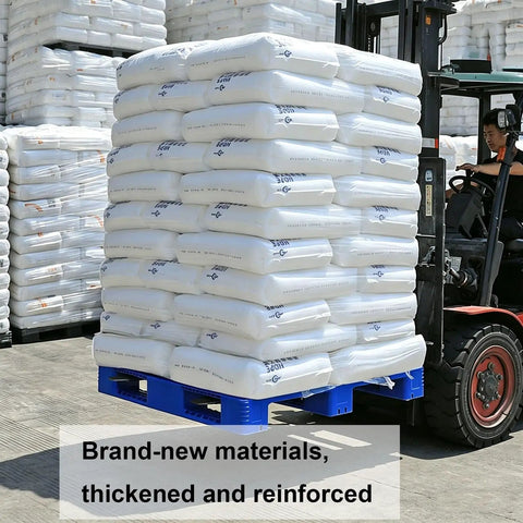 Heavy Duty Plastic Pallet With Breathable Grid Design, 40 X 32 X 6 Inch, 4 Ton Load Capacity supporting white bags on forklift