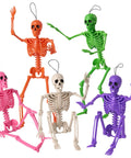 Spooky Hanging 16 Inch Posable Skeleton Set For Halloween Decor in white, pink, orange, green, and purple with movable joints.