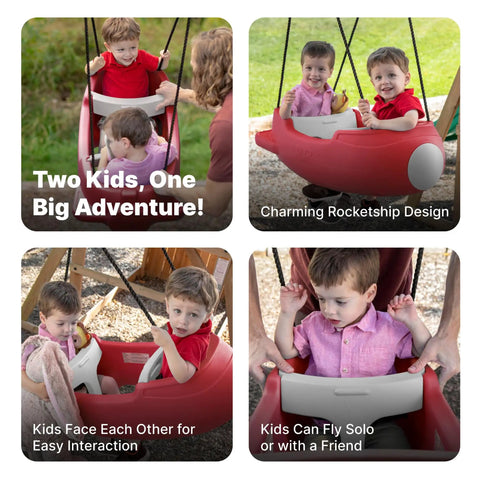 Rocket Swing For Two Outdoor Baby Swing With Weather Resistant Rope Attaches To Your Playset In The Backyard For Toddlers 9 Months To 3 Years Old Safe Buckle Comfort And Easy No Fuss Setup For Kid Friendly Fun - toddlers smiling in red rocket swing