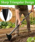 Heavy Duty Garden Hoe With Adjustable Long Handle From 30 To 72 Inches, Sharp Edge Triangle Weeding Hoe in use in garden bed