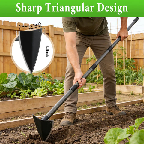 Heavy Duty Garden Hoe With Adjustable Long Handle From 30 To 72 Inches, Sharp Edge Triangle Weeding Hoe in use in garden bed