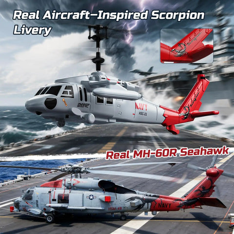 Black Hawk Style RC Helicopter With 2 Batteries And 26 Minute Flight Time Indoor Flying Toy For Kids And Adults 2.4GHz Remote One Key Takeoff LED Lights Altitude Hold Great Gift For Boys 8 12 in realistic aircraft livery next to real MH-60R Seahawk on flight deck