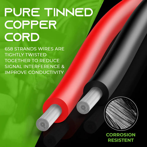 Close-up of 12 Gauge Bonded Silicone Wire 100 Ft Black Red 2 Conductor Hookup Cable showing tinned OFC copper strands.