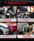 Infographic highlighting car maintenance steps: mechanic working, pouring coolant, car collision, engine check.