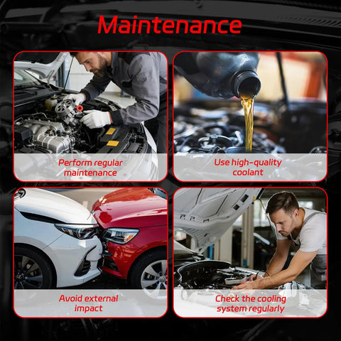 Infographic highlighting car maintenance steps: mechanic working, pouring coolant, car collision, engine check.