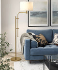 Height Adjustable Floor Lamp With Dope Fabric Drum Shade In Brass White Finish For Living Room Industrial Style Steel Frame 8 Ft Cord Compatible With E26 Bulbs next to blue sofa