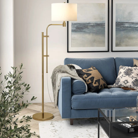 Height Adjustable Floor Lamp With Dope Fabric Drum Shade In Brass White Finish For Living Room Industrial Style Steel Frame 8 Ft Cord Compatible With E26 Bulbs next to blue sofa