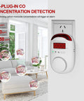 Plug-In Carbon Monoxide Detector With Digital LED Display showing CO levels in a living room setting, easy plug and play install