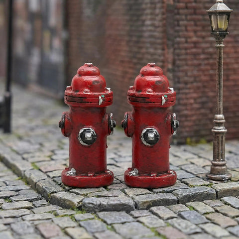 Mini Fire Hydrant Set With Dope Resin Fire Extinguisher Models, 1.77 inch red statues on cobblestone street for dollhouse decor.