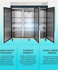 Hella Spacious Three Door Reach In Refrigerator Loaded With Seventy Two Cubic Feet Of Chilling Capacity For Commercial Kitchens with open doors.