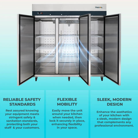 Hella Spacious Three Door Reach In Refrigerator Loaded With Seventy Two Cubic Feet Of Chilling Capacity For Commercial Kitchens with open doors.