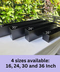 Top Shelf 16 Inch Black Metal Railing Planters Two Pack Rectangular Hanging Flower Boxes showcasing sizes 16, 24, 30, and 36 inches.