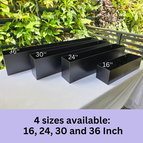 Top Shelf 16 Inch Black Metal Railing Planters Two Pack Rectangular Hanging Flower Boxes showcasing sizes 16, 24, 30, and 36 inches.