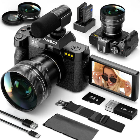 5K Vlogging Camera With 180 Degree Flip Screen And 16x Zoom, 64MP Photos, External Mic Input, Macro Lens, Auto Focus, Dual Batteries And 64GB Card