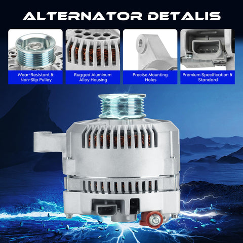 130 Amp High Output Alternator Replacement For F Series Expedition Excursion E Series Mustang Thunderbird 4.6L 5.4L Engines 1995 To 2005 Direct Fit For Beefed Up Heavy Duty Trucks No Modifications Needed Easy Install showcasing rugged aluminum housing and precise mounting holes.