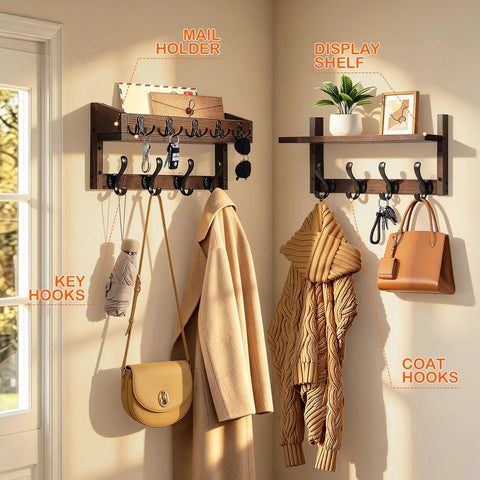 Rock Solid Wall Mounted Coat Rack With Storage Shelf Featuring 13 Heavy Duty Hooks For Seamless Entryway Organization And Quick Home Access With Zero Assembly Hassle, showcasing mail holder and coats.