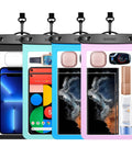 4 Pack 10.5 Inch Waterproof Phone Pouches For Underwater Use, clear dry bags with neck lanyard, in black, mint, blue, and pink