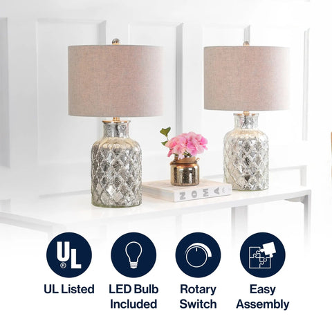 Alvord Mercury Silver Quatrefoil Glass Table Lamps Set of 2 Sleek Modern Nightstand Lighting With Grey Linen Drum Shades LED Bulbs Included