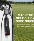 Magnetic Golf Club Brush With Water Reservoir And Shoe Cleaner Dual Head Groove Cleaner attached to golf bag