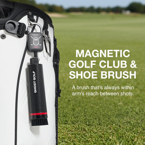 Magnetic Golf Club Brush With Water Reservoir And Shoe Cleaner Dual Head Groove Cleaner attached to golf bag