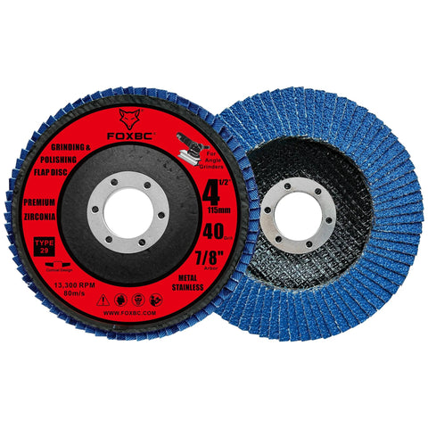 Two FOXBC 4-1/2 in flap discs, 40 grit Type 29, for angle grinders, blue zirconia.