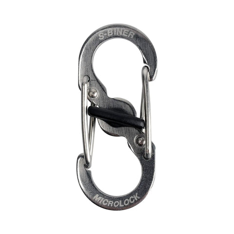 Close-up of Dual Gate S Biner TagLock Locking Pet Carabiner, stainless steel, showing twist lock and double gate clip design.