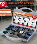 No Sweat Heavy Duty 70 Piece Quick Connect Pneumatic Fitting Assortment Kit 1/4 Inch Tube in organized storage box.