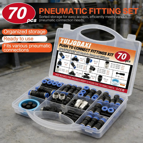 No Sweat Heavy Duty 70 Piece Quick Connect Pneumatic Fitting Assortment Kit 1/4 Inch Tube in organized storage box.