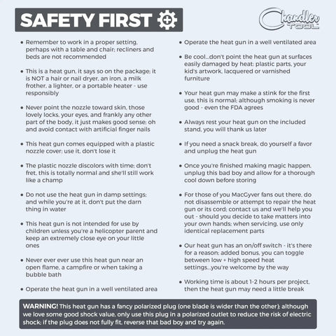 Safety instructions poster for Dual Temp Heat Gun for Crafts, Tiny Yet Mighty Mini Hot Air Tool for epoxy resin and DIY use