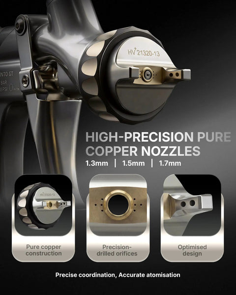 Professional Grade HVLP Spray Gun Kit Featuring Built Tough Stainless Steel Flow Channel And Precision Nozzles For Crisp Atomization Zero Drama And Flawless Auto Finishes close-up of high-precision copper nozzles.