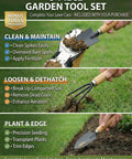3-piece garden tool set for aeration and maintenance displayed with shovel, rake, and spade in use, featuring cleaning and planting.