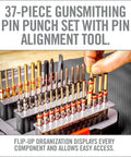 Pro Grade Gunsmithing Punch Set Kit With Roll Pin And Flat Tip Punches For Firearms Disassembly, Brass Punches Included, 37 Piece Armorers Tool Kit For Gun Repair And DIY Builds displayed in organizer