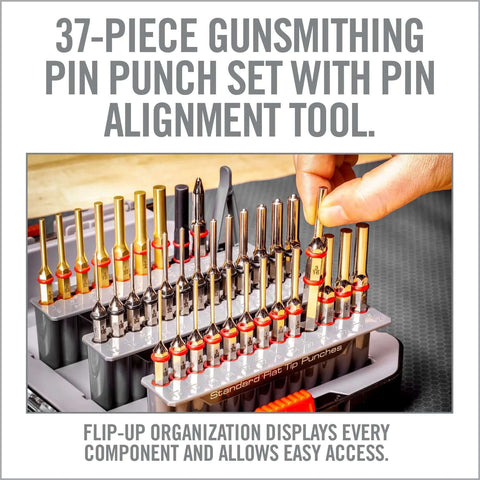 Pro Grade Gunsmithing Punch Set Kit With Roll Pin And Flat Tip Punches For Firearms Disassembly, Brass Punches Included, 37 Piece Armorers Tool Kit For Gun Repair And DIY Builds displayed in organizer