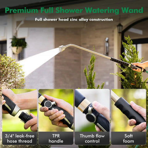 Person using Extra Long 36 Inch Watering Wand with thumb flow control to water garden shrubs