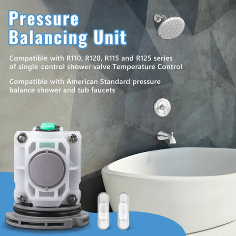 Two Pack Pressure Balancing Unit Replacement Kit for Shower and Tub Valves in bathroom setting
