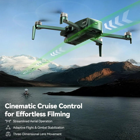 4K Drone With 8K Photos 3 Axis Gimbal Ultra Stable GPS flying over mountains and water with beeper cruise control feature visible