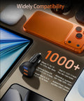 Two Pack 70W USB C Car Charger With 3 Ports PD QC Fast Charge For iPhone 17/16/15/14/13/12 Pro Max iPad Pixel Galaxy S25/S24/S23 And Android Cigarette Lighter Style Car Phone Adapter shown with compatible devices