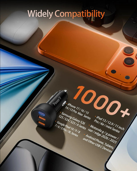 Two Pack 70W USB C Car Charger With 3 Ports PD QC Fast Charge For iPhone 17/16/15/14/13/12 Pro Max iPad Pixel Galaxy S25/S24/S23 And Android Cigarette Lighter Style Car Phone Adapter shown with compatible devices