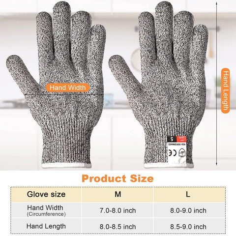 Size chart for Six Pairs Cut Resistant Gloves Level 5 Protection For Kitchen Prep and DIY, showing medium and large measurements.